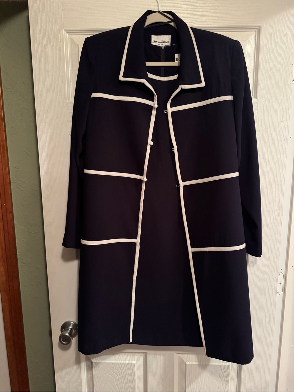 Danny & Nicole 2pc Sz Large Dark Navy & White Trim Long Blazer and Sheath dress